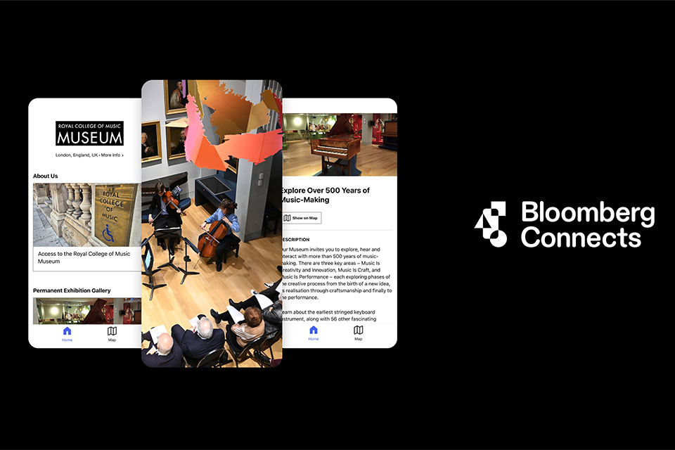 Three phone screenshots showing different pages of the Bloomberg Connects app, next to the Bloomberg Connects logo